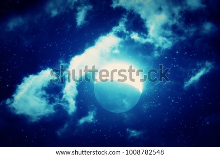 Full Moon on a dark starry sky with Milky Way silhouettes. My astronomy work.
