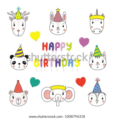 Set of hand drawn portraits of cute animals in party hats, with balloons in the shape of letters spelling Happy Birthday. Isolated objects on white background. Vector illustration. Design concept kids