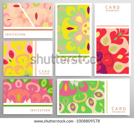 Card or Invitation set with colorful asymmetric hand drawn texture, doodle ornament collection. Decorative vintage abstract background, stylized floral artistic pattern