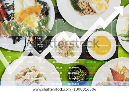 Stock index data analysis of food business with variety of exotic local Thai food background.