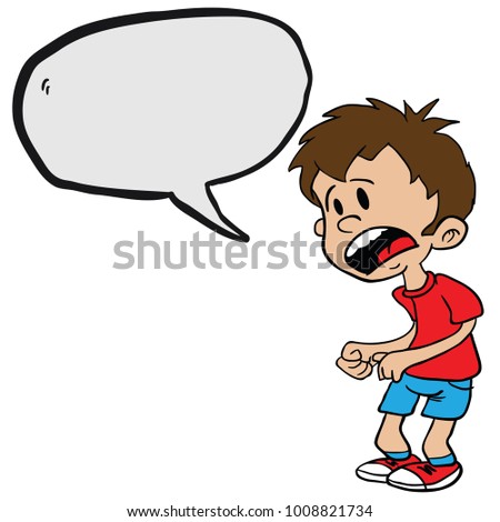 scared little boy with speech bubble cartoon illustration isolated on white