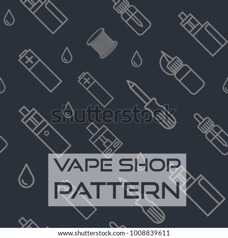 Vector seamless pattern of vaping stuff with vaporizers and e-liquids in line art for vape shop