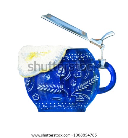 Hand drawn watercolor blue beer ceramic mug with flowers and beer foam