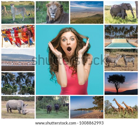 The collage with happy young woman and views of Kenya, Africa. concept travel and tourism