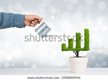 Hand of man watering small plant in pot shaped like growing graph