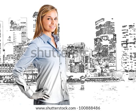 Woman drawn in front of a big city