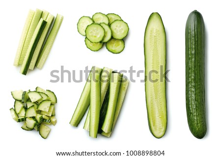 Fresh whole and sliced cucumber isolated on white background. Top view Royalty-Free Stock Photo #1008898804