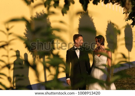 happy bride and groom posing in front of tree in sun day