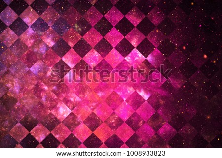 Abstract glittering geometric texture with golden and pink sparkles. Fantasy checkered fractal background. Digital art. 3D rendering.