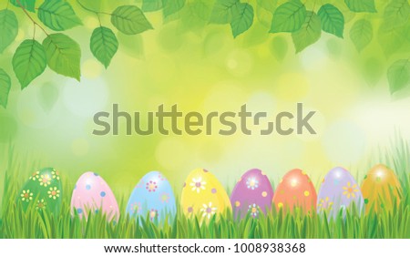 Vector Easter eggs in grass and  birch leaves border,  Easter background.
