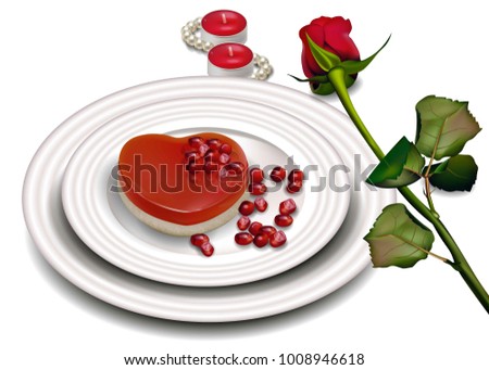 Heart shape dessert Vector realistic. Sweet Romantic Valentine day card red and white soft colors. Red rose and candles