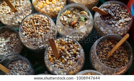 samples of mixed fodder for animals  Royalty-Free Stock Photo #1008947644