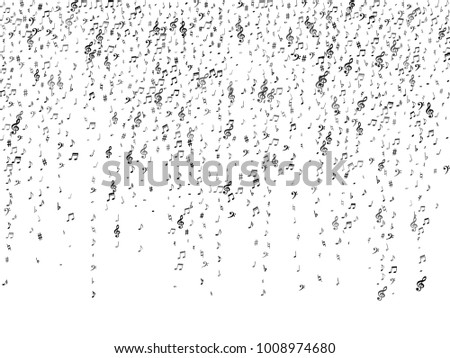 Black flying musical notes isolated on white background. Fresh musical notation symphony signs, notes for sound and tune music. Vector symbols for melody recording, prints and back layers.