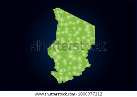 Map of Chad. Wire frame 3D green mesh with sparkle, design sphere, dot and structure. Vector illustration eps 10