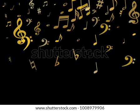 Gold flying musical notes isolated on black backdrop. Cute musical notation symphony signs, notes for sound and tune music. Vector symbols for melody recording, prints and back layers.