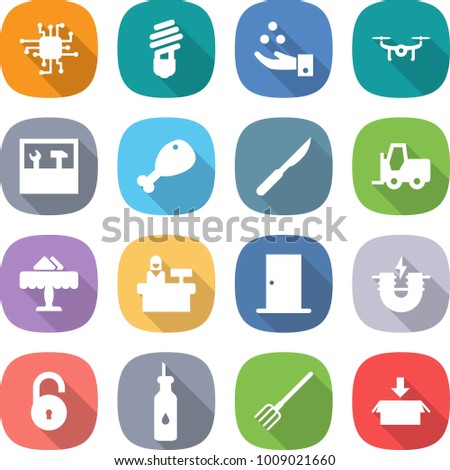 flat vector icon set - chip vector, bulb, chemical industry, drone, tools, chicken leg, scalpel, fork loader, restaurant, reception, door, electric magnet, unlock, vegetable oil, package