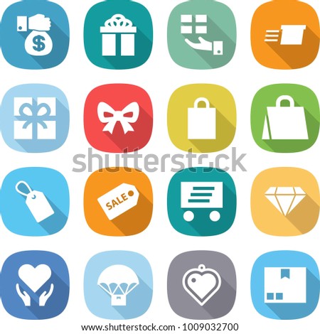 flat vector icon set - money gift vector, delivery, bow, shopping bag, label, sale, diamond, health care, parachute, heart pendant, package