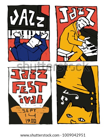 Jazz music festival poster set. Naive shabby style. 2d vector illustration