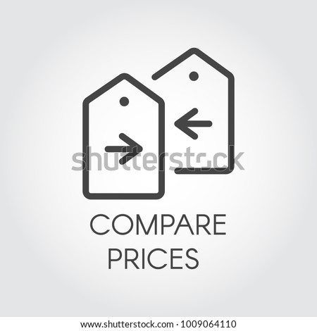 Compare prices icon drawing in line design. Financial comparison outline pictogram. Price-tag with arrow label. Shoosing the best offer concept emblem. Vector illustration Royalty-Free Stock Photo #1009064110