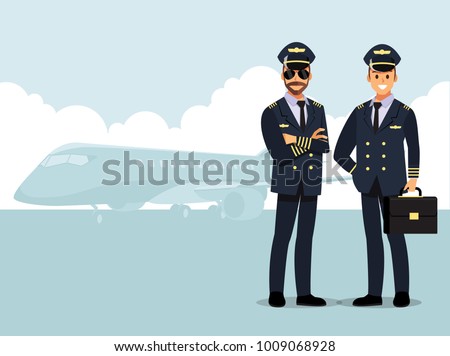 Welcome to travel by plane. Pilot, capitan   Vector illustration cartoon character Royalty-Free Stock Photo #1009068928