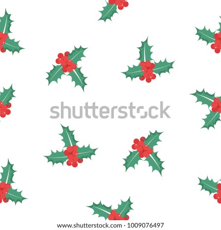 Raster illustration  pattern, background Holly berry leaves Christmas icon.