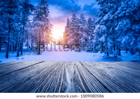 desk of free space and winter landscape 