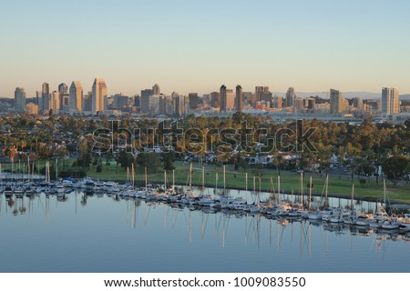 San Diego Bay with Coronado Island.
San Diego California with Coronado Island in Foreground, showing a beautiful skyline.