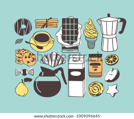 Hand drawn illustration food, drink and dishes. Creative ink art work. Actual vector drawing. Kitchen set of sweets