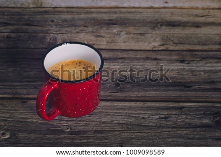 Vintage Coffee Mug, Coffee Cup on a Wooden Background, Dark Food Photography, Concept in Vintage,  Dark Photo, Rustic Style, Toned Image