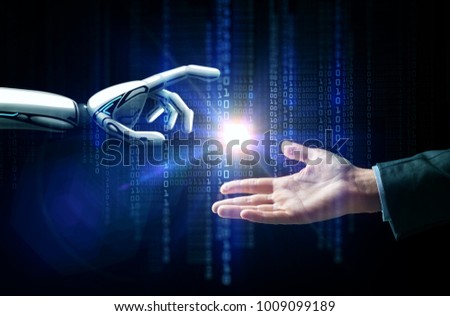 artificial intelligence, future technology and business concept - robot and human hand with flash light and binary code over black background