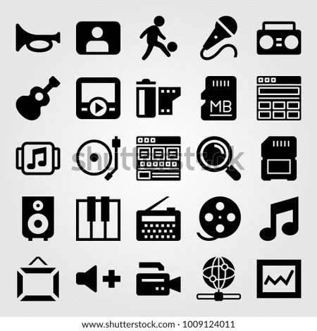 Multimedia vector icon set. musical note, movie player, video camera and football player