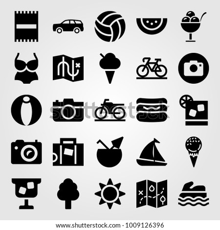 Summertime vector icon set. swimsuit, volleyball, hot dog and sun