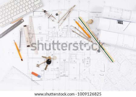 Workplace of architect. Engineering tools for creating new architectural project on table, top view
