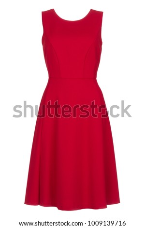 Sleeveless elegant red fashion dress, photographed on ghost mannequin with white background. Front view. Royalty-Free Stock Photo #1009139716