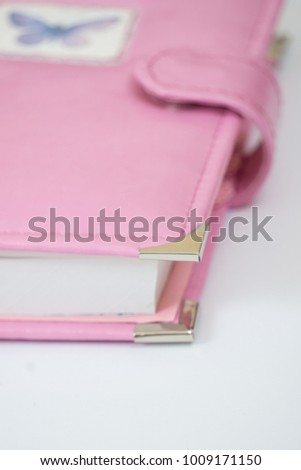Handmade pink color  leather notebook, planner for business or education with cute decoration - butterfly
