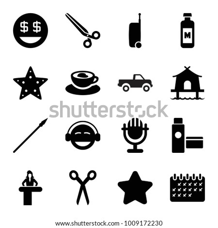 Clipart icons. set of 16 editable filled clipart icons such as airport desk, barber scissors, star, emoji, dollar smiley, cup with heart, microphone, cream tube, tent