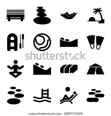 Relaxation icons. set of 16 editable filled relaxation icons such as woman in hammock, spa stone, flippers, inflatable boat, pool ladder, volleyball, yoga, bench