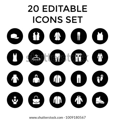 Casual icons. set of 20 editable filled casual icons such as flip flops, singlet, jacket, pants, woman pants, hoodie, overcoat. best quality casual elements in trendy style.