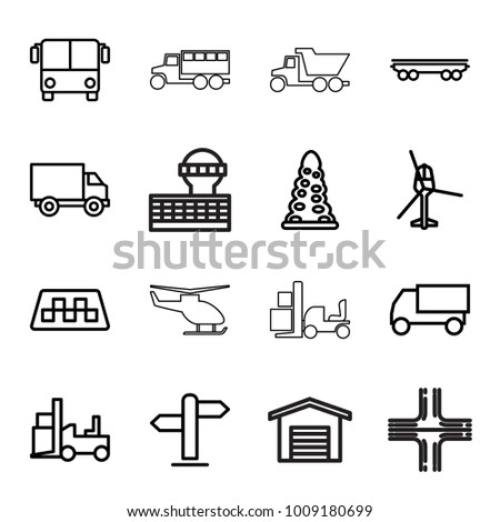 Traffic icons. set of 16 editable outline traffic icons such as taxi, airport bus, tunnel, truck, forklift, cargo wagon, direction, helicopter, garage, road