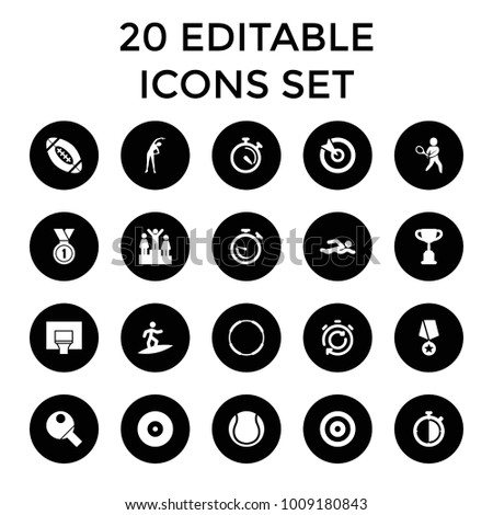 Competition icons. set of 20 editable filled competition icons such as exercising, trophy, swimming man, hoop, stopwatch. best quality competition elements in trendy style.
