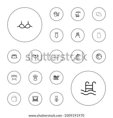 Editable vector summer icons: field, beach ball, bucket toy for beach, bra, swimsuit, flower, fast food cart, swing, swimming pool, football uniform on white background.