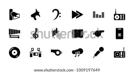 Sound icons. set of 18 editable filled sound icons: treble clef, microphone, whistle, disc on fire, radio, volume, bass clef, fast forward, equalizer, xylophone, harmonic