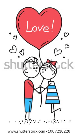 Happy Valentines Card. Guy is kissing girl. Couple in love holding red heart shaped balloon with lettering Love.