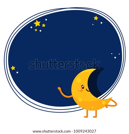 Cute cartoon waning crescent Moon, vector character, Solar system.