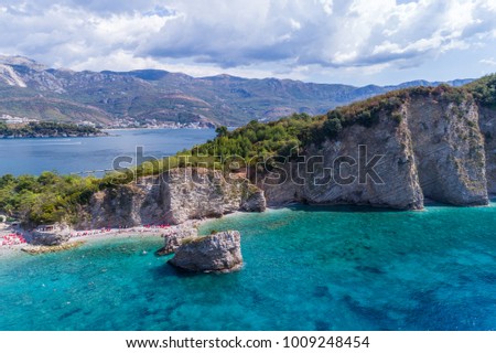 Aerial view on the beach on the island of St. Nicholas. Montenegro.