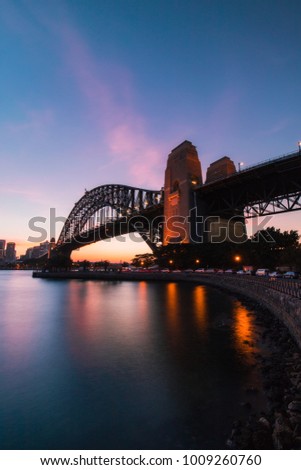 Sydney Harbour Bridge view from the north side at dusk.