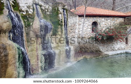 Waterfall and pool at Loutra Pozar of Aridaia in Macedonia, Greece