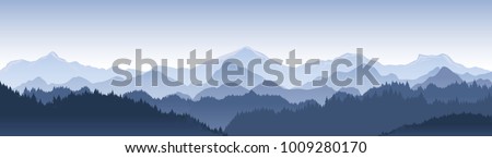 Vector illustration of beautiful dark blue mountain landscape with fog and forest. sunrise and sunset in mountains. Royalty-Free Stock Photo #1009280170