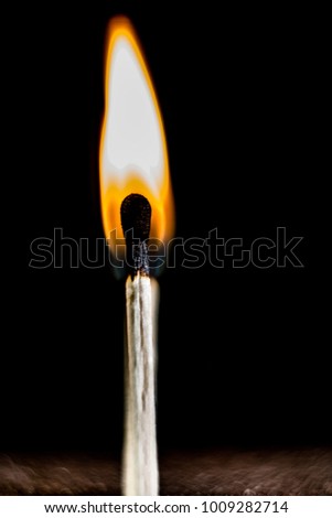 Burning match, on a black background. Macro shot, perfect for a shelf and for further post-production.