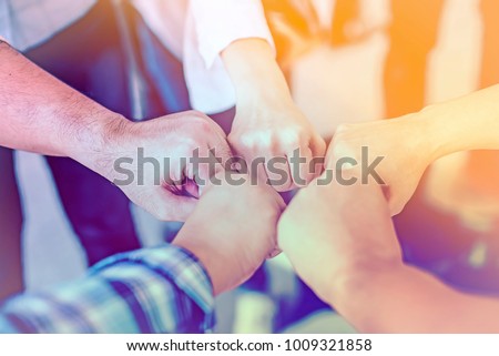 Close up top view close fisted high five, fist bump    work group diversity people team collaborate working community to goal to sucessful of business in Unified Friendship Concept
 Royalty-Free Stock Photo #1009321858